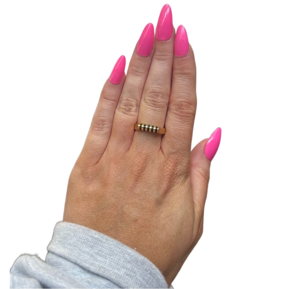 Flat Top Thin Black Onyx Inlay Geometric Signet Rectangle Bar Stacking Ring.